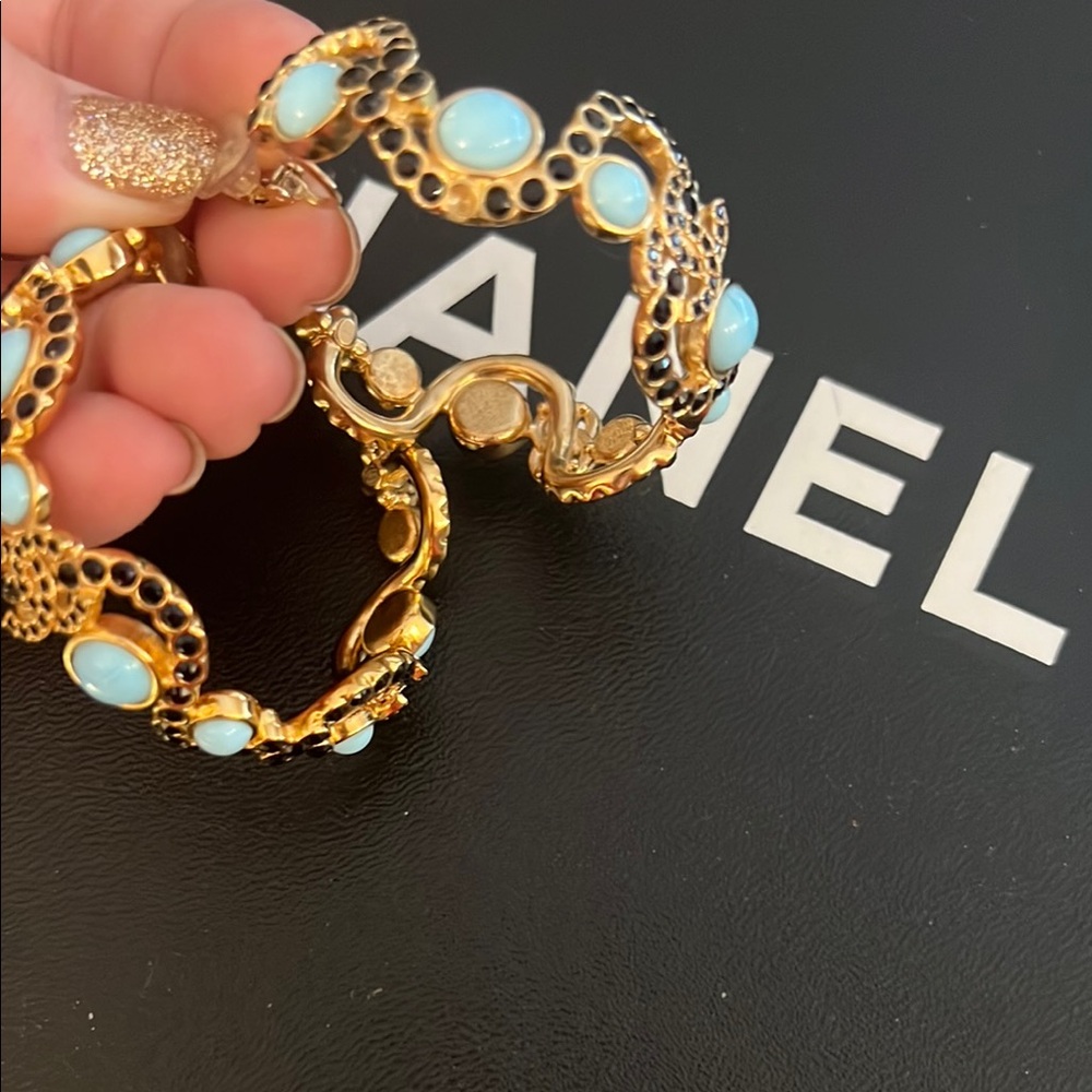 Chanel Earrings Hoops in Sky Blue and Black Stones set with CC on it